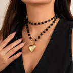 The Obsidian-Tone Double Layer Necklace — Sculpted Heart Edition