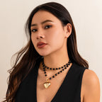 The Obsidian-Tone Double Layer Necklace — Sculpted Heart Edition
