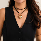 The Obsidian-Tone Double Layer Necklace — Sculpted Heart Edition