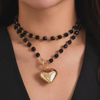 The Obsidian-Tone Double Layer Necklace — Sculpted Heart Edition