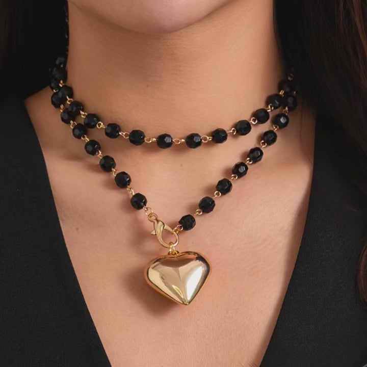 The Obsidian-Tone Double Layer Necklace — Sculpted Heart Edition