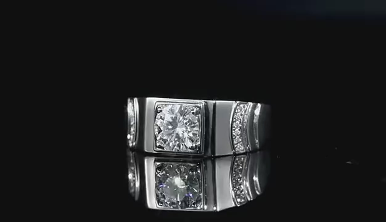 Close-up of the ZÜRVRA Sovereign Square adjustable men's ring in artisan platinum finish with a square-cut emerald green crystal.